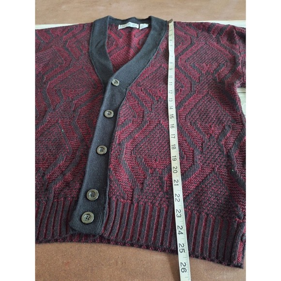 Men's Burgundy & Black Patterned Cardigan Sweater - Picture 9 of 12